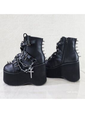 Demonia Kera Goth Platform Wedge Ankle Boots With Chain Charms & Pentagram